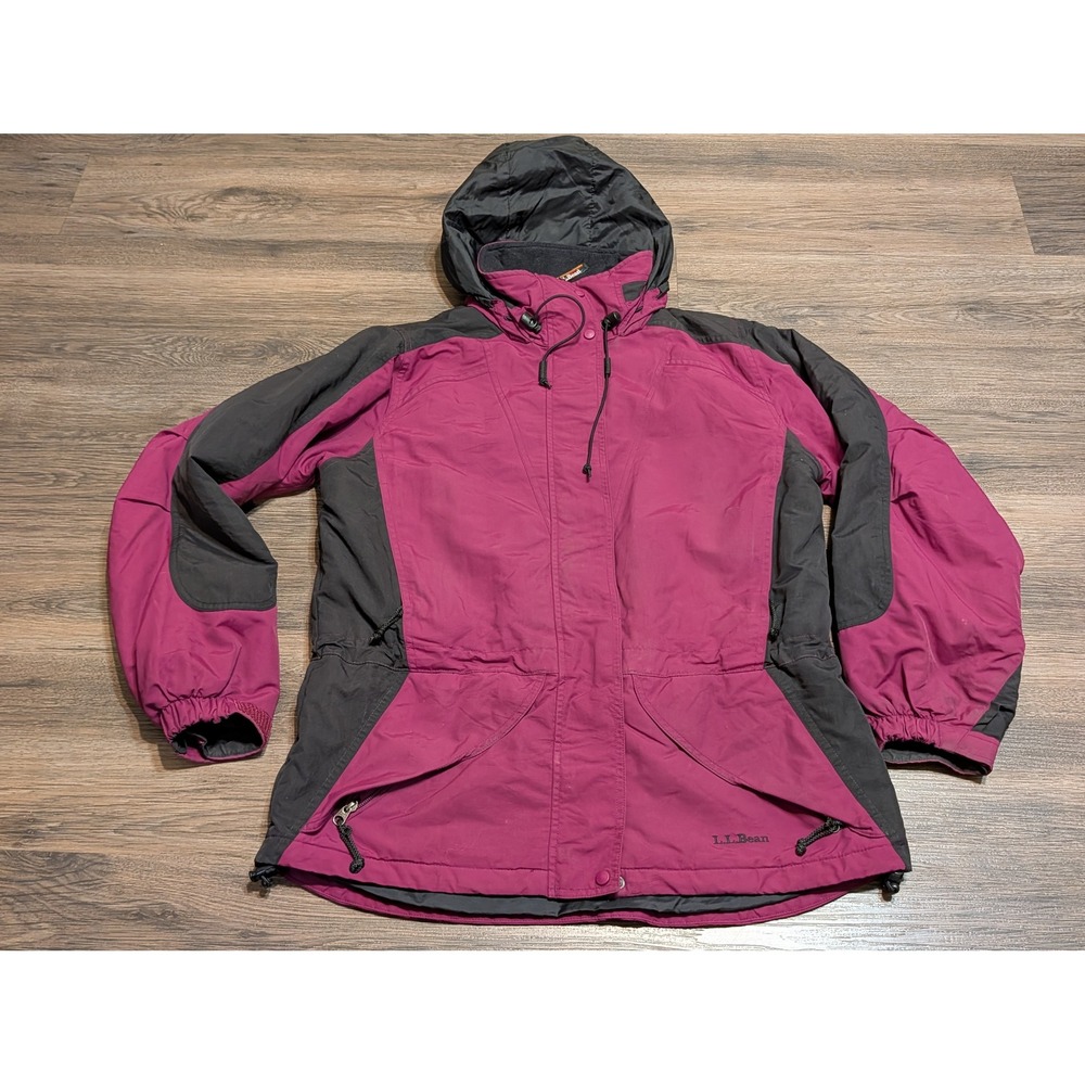 LL Bean Womens Small Hooded Parka Jacket Burgundy Gray Nylon Insulated Outdoor